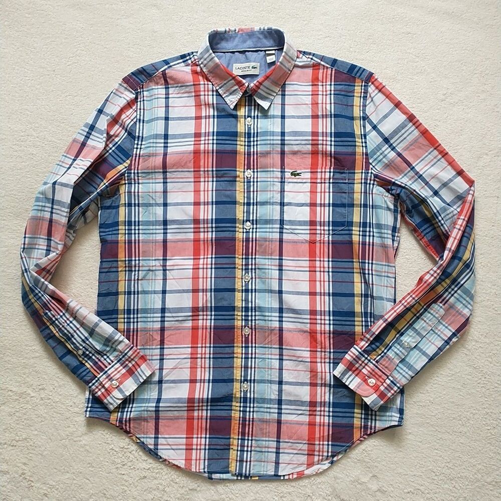 Lacoste Shirt Mens M Regular Fit Plaid Long Sleeve Button Up Blue White Red Logo